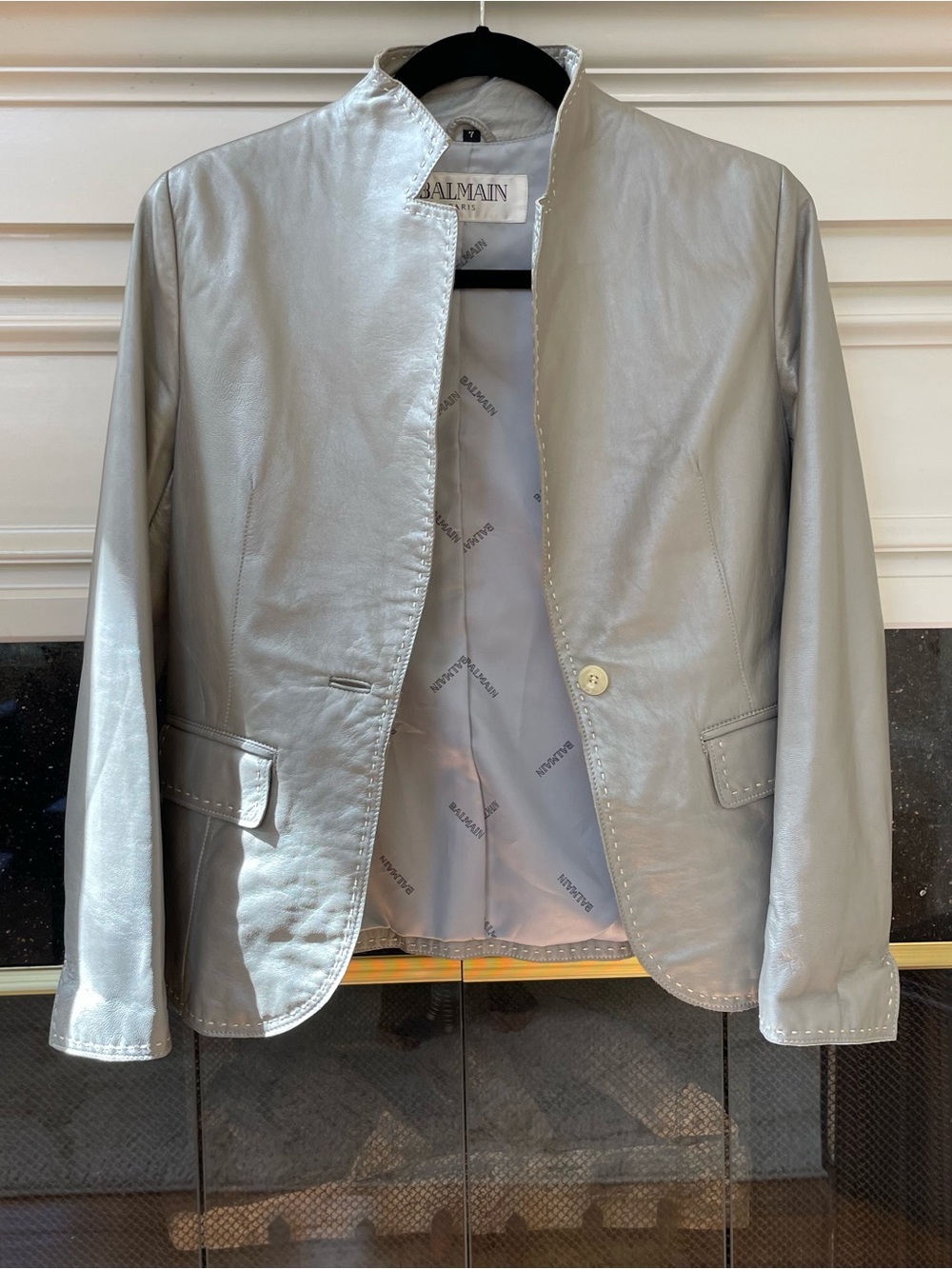 Balmain Silver Leather Stand-Collar Blazer/Jacket